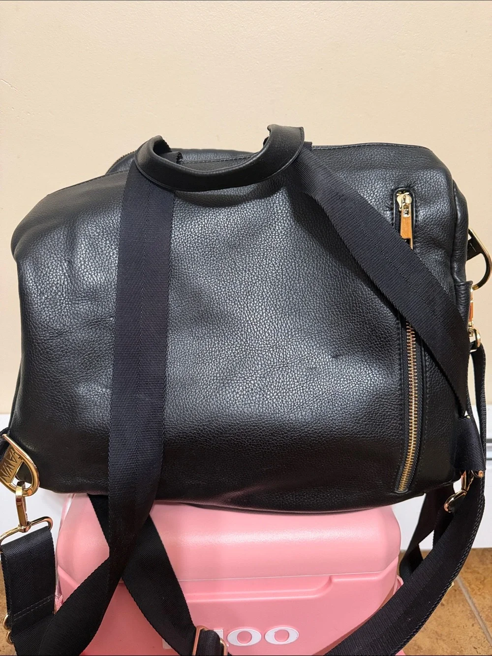 Fawn Design Black Leather Backpack with Gold Hardware